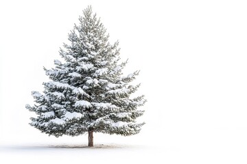 Fototapeta premium An single snow-covered evergreen tree standing by itself in the winter on a white background. Generative Ai