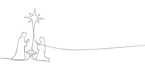 A single line drawing of a christmas night. Continuous line christmas nativity scene icon. One line icon. Vector illustration.