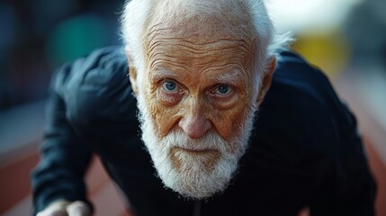 An elderly athlete trains intensely on the track, demonstrating unwavering dedication and spirit