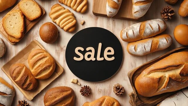 A variety of fresh breads surround a black sign Sale.