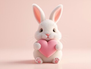 Fototapeta premium Close up of cute white bunny holding heart with kindness, fluffy tail, endearing gesture, cute pet, affectionate bunny