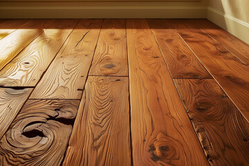 Naklejka premium the wooden floorboards glow under sunlight revealing natural patterns and knots