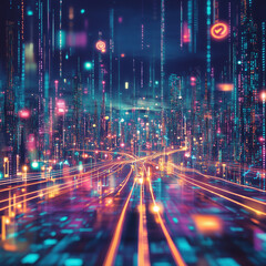 Fototapeta premium A futuristic depiction of a digital city with glowing data streams, floating icons, and a dynamic cyber atmosphere.
