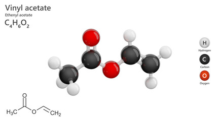 Molecule: Vinyl Acetate. Molecular structure. Formula: C4H6O2. Chemical model: Ball and stick. White background. 3D illustration