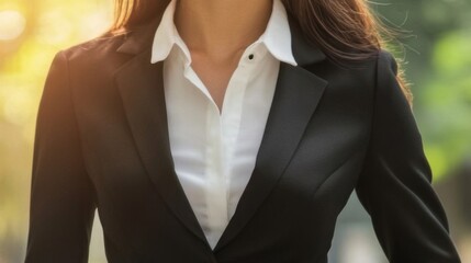 Close-up of a Woman Wearing a Black Blazer and White Shirt