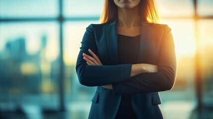 Confident Businesswoman with Arms Crossed, Standing Against a Window with a Blurred Cityscape Background