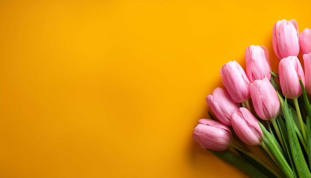 fresh pink tulips bouquet isolated on yellow background with copyspace beautiful flowers romantic gift blossom nature - Powered by Adobe