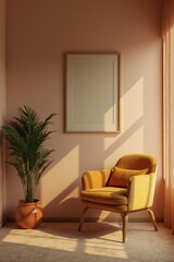 Fototapeta premium Modern interior design with yellow armchair, parlour palm and mockup frame illuminated by sunlight