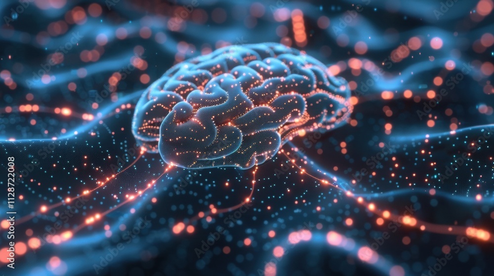 Poster complex network of interconnected nodes forming a brain like structure, symbolizing artificial intel