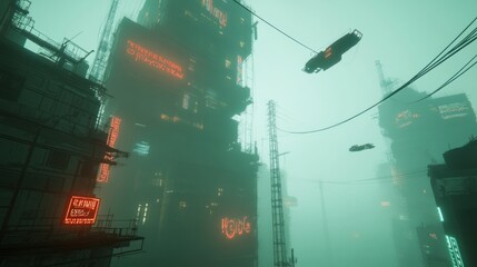 Futuristic Cityscape Foggy Neon Signs Aerial Vehicles