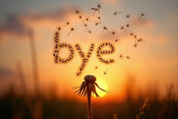 Dandelion seeds forming bye word at sunset