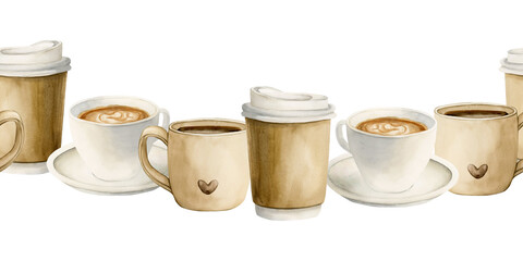 Coffee tea cup, mug and disposable craft paper cup takeaway. Hot beverages seamless border. Watercolor food illustration