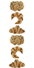 Croissants and cinnamon bun. Fresh bakery desserts seamless border. Watercolor food illustration for bakery design