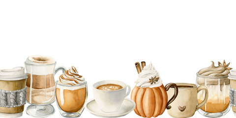 Coffee Latte Macchiato, Pumpkin Spice Dalgona Coffee, other autumn hot beverage seamless border. Watercolor illustration