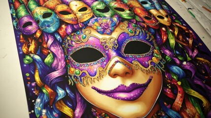 Obraz premium A happy mardi gras homemade poster with mask lined at the top