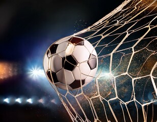 Soccer ball in goal on grass with blured background
