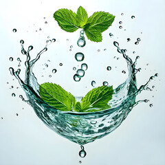 a beautiful water drop with fresh mint inside on light blue background