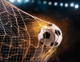 Soccer ball in goal on grass with blured background