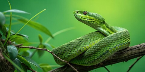 Captivating Green Snake on a Lush Green Background Symbolizing Prosperity and Renewal for the Year of the Snake in Nature's Vibrant Palette