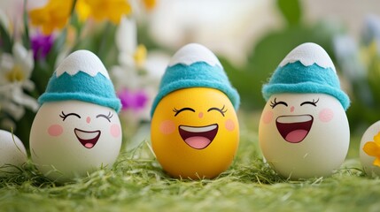 Happy eggs in hats laughing Easter holiday concept with cute eggs with funny faces Different emotions and feelings