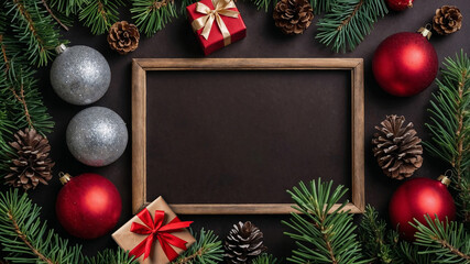 Merry Christmas and Happy New Year greeting card with gift boxes decorated frame with pine tree branches with balls on the old wooden board. Flat lay