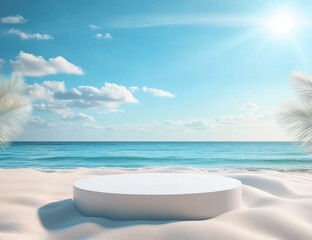 Beautiful sunny beach with calm waves and a round marble platform surrounded by palm trees