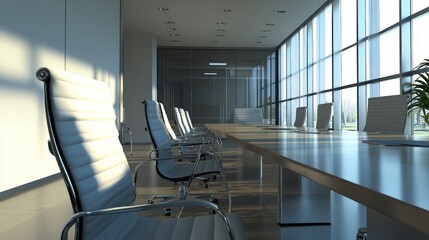 Empty chairs around table in modern office