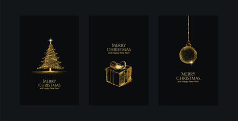 Luxury Merry Christmas Greeting Card with Gold Tree, Gift Box, and Bauble on Black Background—Vector sketch Illustration