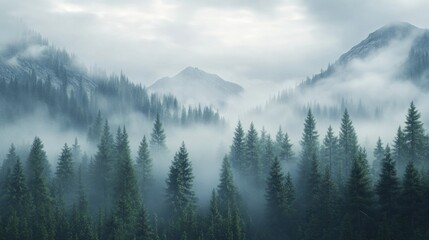 A misty mountain landscape covered with a dense forest of pine trees