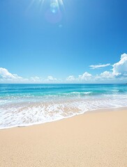 Fototapeta premium Fine sandy beach with gentle blue ocean wave under a clear blue sky, natural scenery, sunny day., fine sandy beach