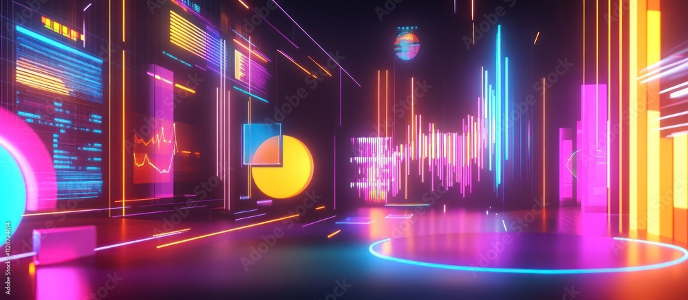 Poster vibrant neon light tunnel with data visualizations and glowing geometric shapes.