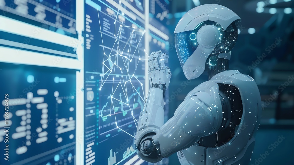 Poster a white robot interacts with a holographic display of data, standing against a backdrop of more digi