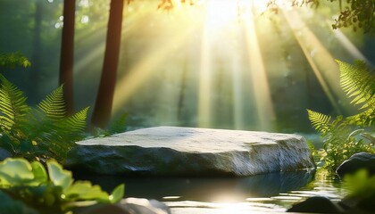 stone podium for product presentation stone in the forest with sunlight and rays of light surrounded in the style of greenery water flowers nature background volumetric lighting high resolution