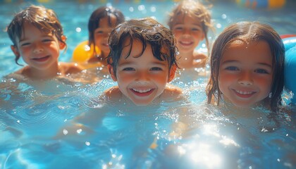 Joyful Multiethnic Children Playing in a Sparkling Pool
