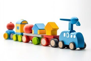 Fototapeta premium Train blocks, wooden toys, animal airplanes, and wooden toys. Generative Ai
