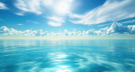 A serene ocean scene with clear blue waters and a bright sky. The water reflects the vibrant colors of the clouds above, creating an atmosphere that evokes tranquility and relaxation. a sense of peace