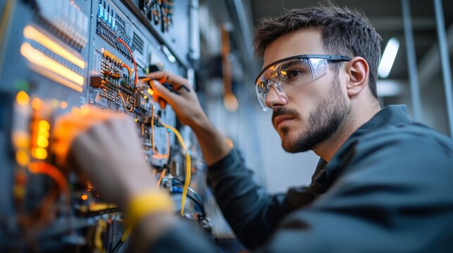 Electrical engineer conducts repairs and maintenance on advanced technology in a state-of-the-art lab environment