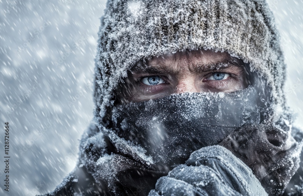 Poster a man with blue eyes, dressed in winter and gloves, is frozen from the cold, his face covered in ice