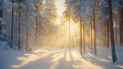 A family SUV driving through a snow-covered forest with sunlight streaming through the trees.