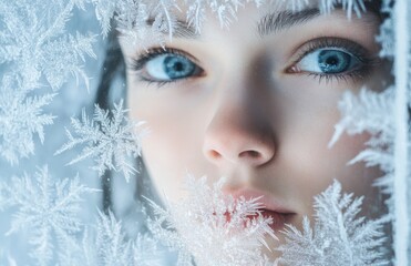 A beautiful girl with blue eyes peeks out from behind the frost on her window, which is covered in delicate snowflakes. The cold air adds an ethereal touch to her appearance.