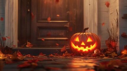 Naklejka premium Illuminated Jackolantern Rests On Autumnal Porch Steps