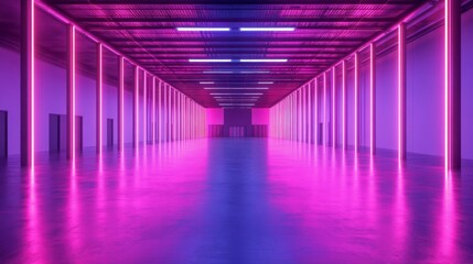 Neon-Lit Industrial Hallway with Pink and Blue Lighting