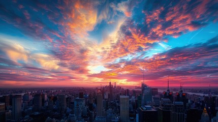 Fototapeta premium High-end photography of a vibrant city skyline at sunset with the sky ablaze with colors