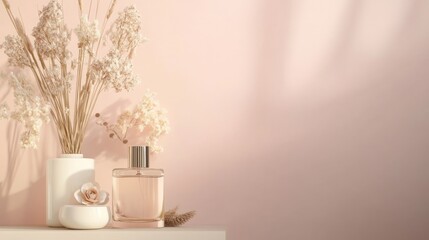 Fototapeta premium Dried Flowers Perfume Bottle and Rose Scented Candle Arrangement