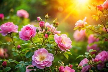 Obraz premium Captivating Landscape Photography of Pink Wild Roses Blooming in a Lush Garden Under Soft Sunlight with a Serene Background and Vibrant Colors