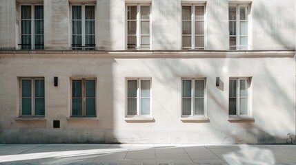 Parisian minimalist building, facing a wall with windows and doors, sunny afternoon light, serene urban scene, no people present.