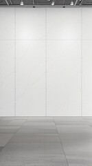 Modern art gallery with a long white concrete wall behind a few art pieces, contemporary, minimalist, white concrete, art gallery, colorful accents