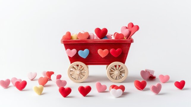 Red Cart with St Valentines Day Little Hearts and Letter Isolated on White Your Own Text