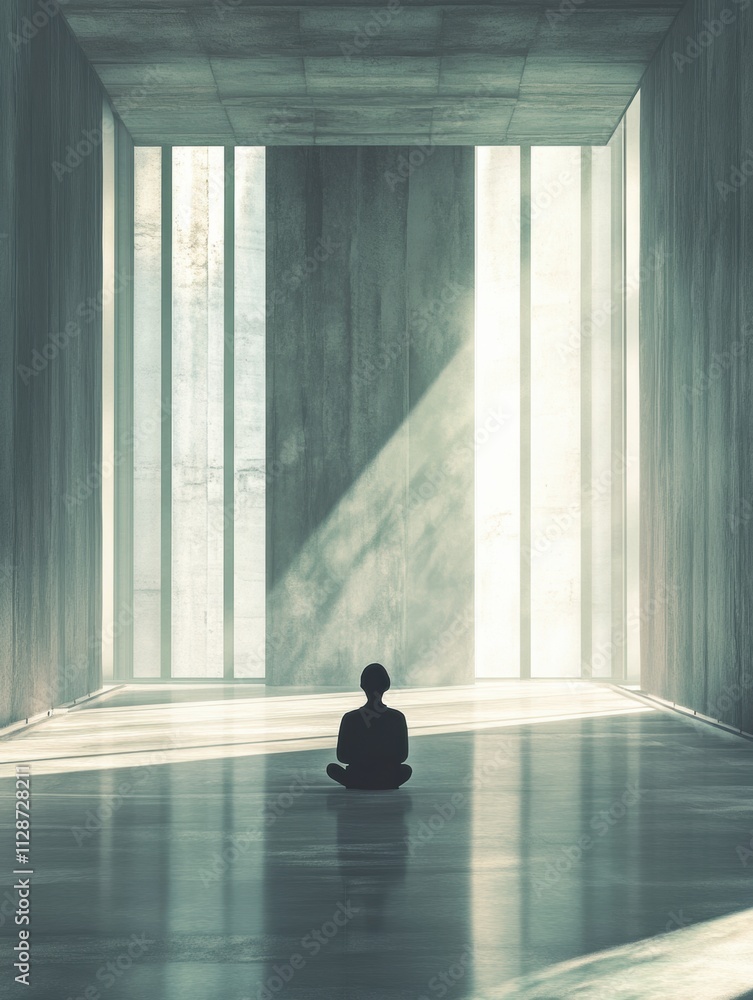 Poster a person sits on the gallery floor, bathed in bright light from large windows, enjoying a serene atm