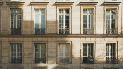 Parisian minimalist building, full wall with windows and doors, sunny afternoon light, serene atmosphere, no people present.